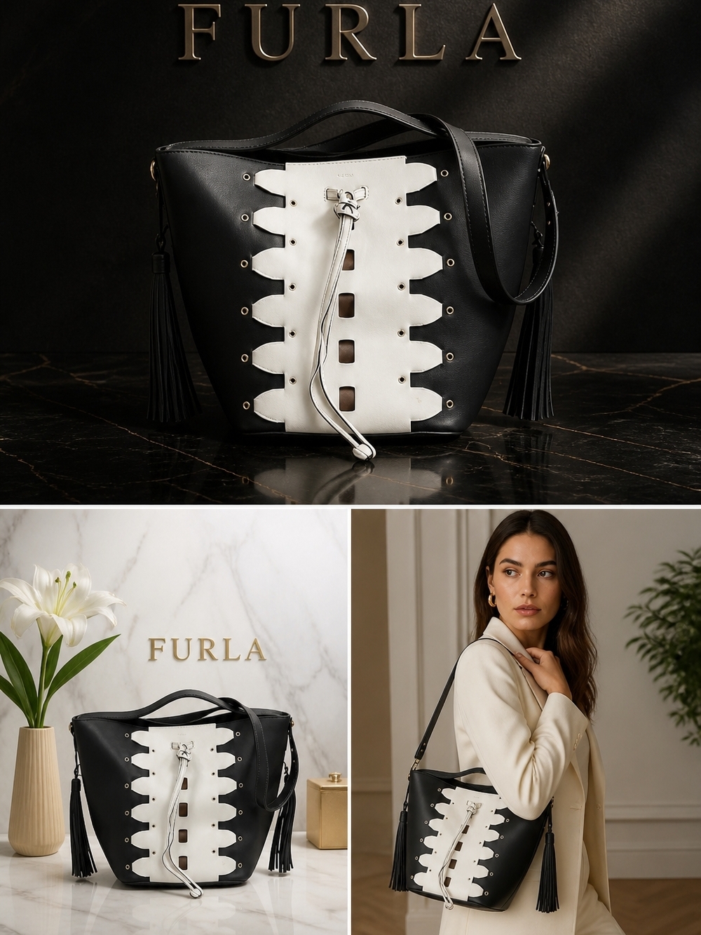 Furla Black And White Vittoria Glam Leather Bucket Bag
